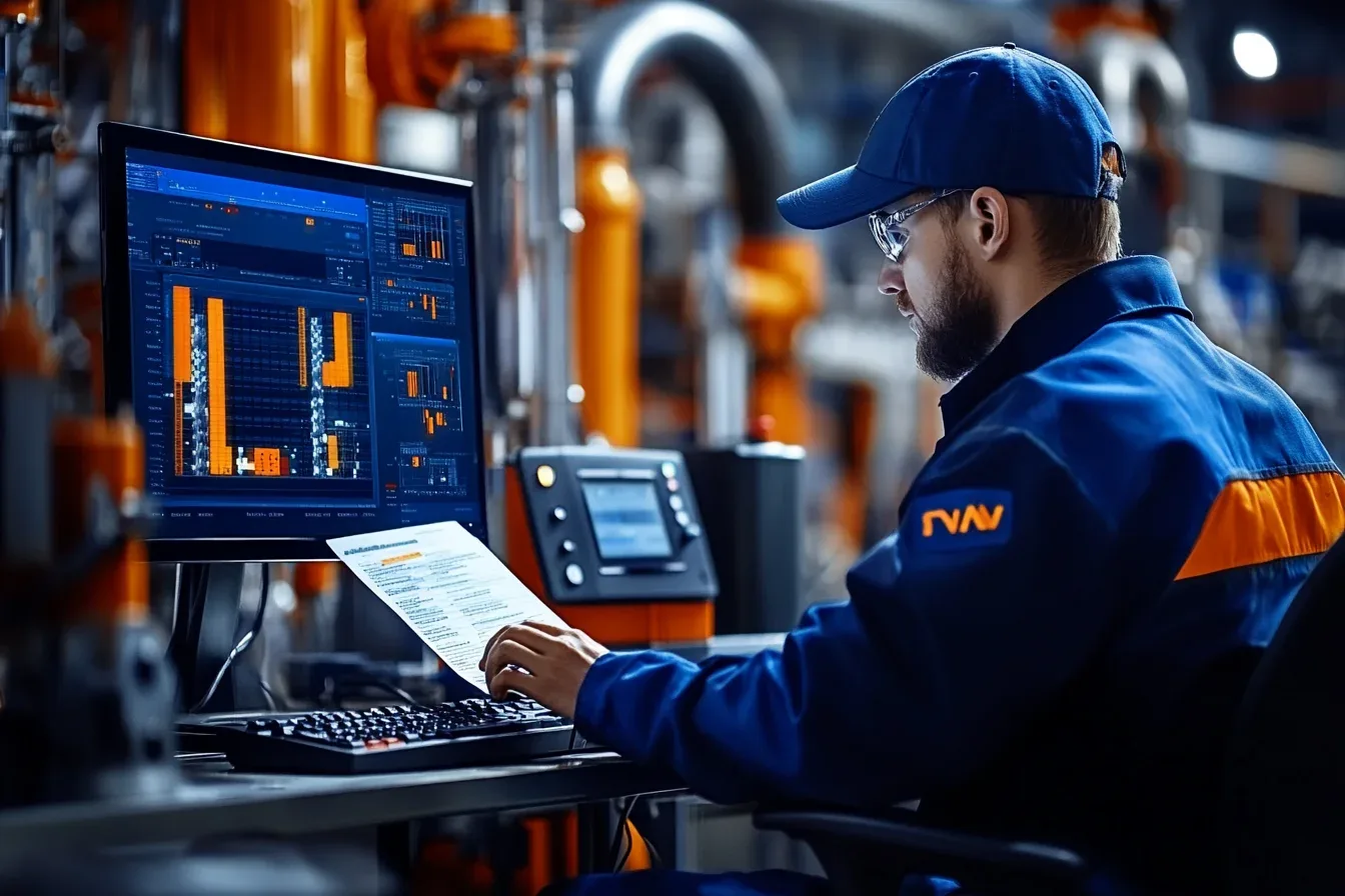 Technik przy stanowisku komputerowym analizuje wykresy z systemu, w tle hala produkcyjna