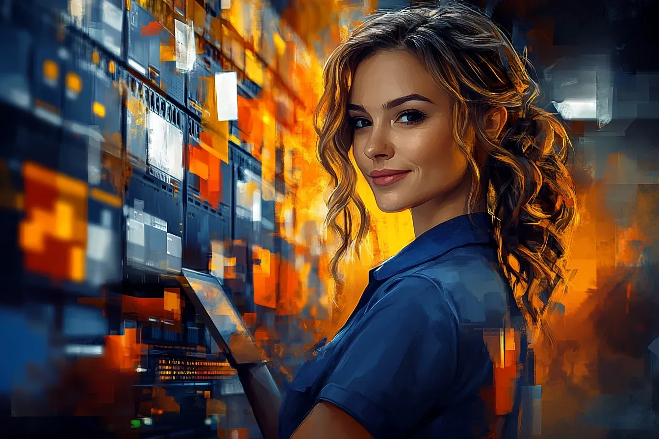 Pracownica magazynu z tabletem przy regale z towarem