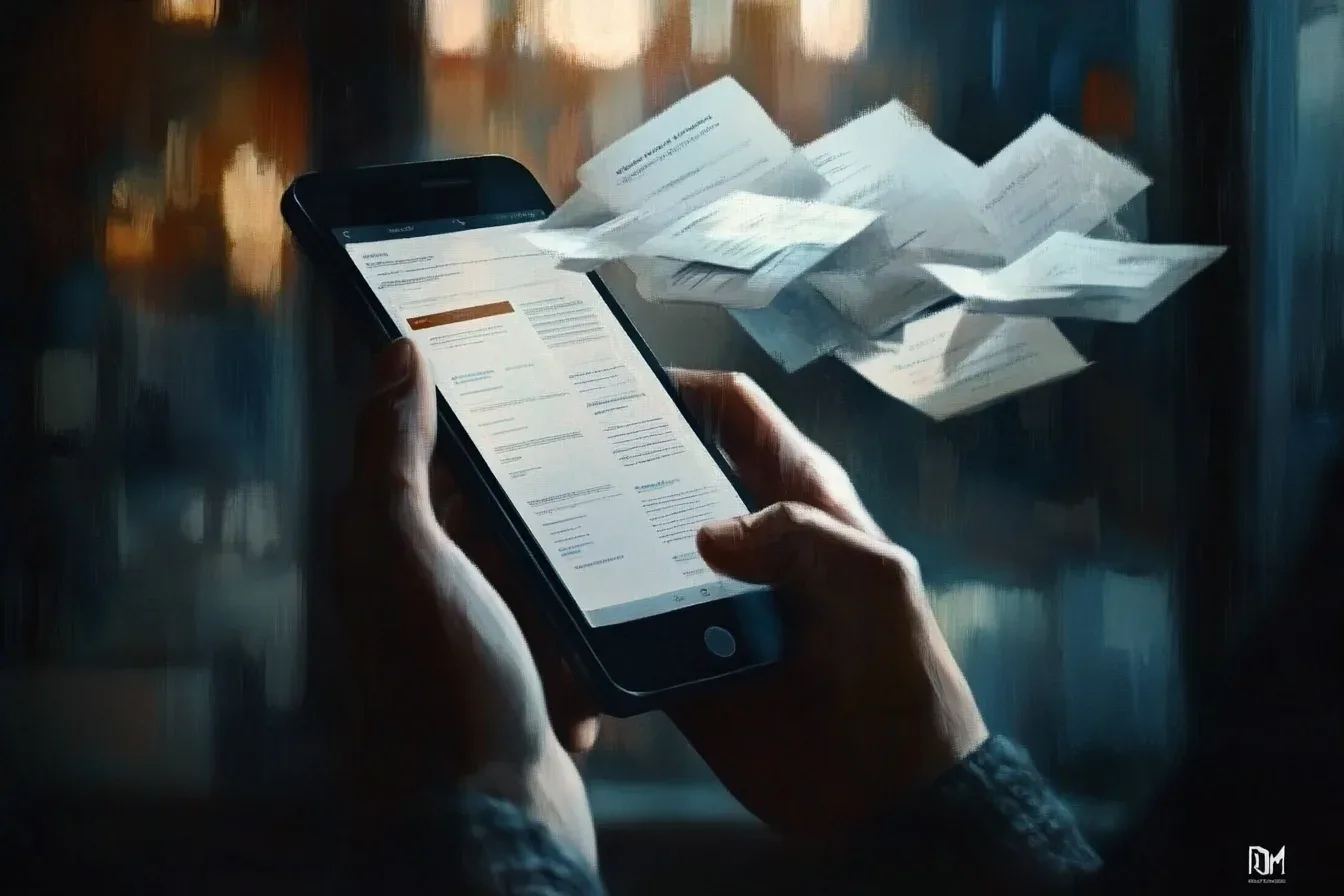 Dłonie trzymają smartfon z tekstem wiadomości, obok unoszą się kartki papieru